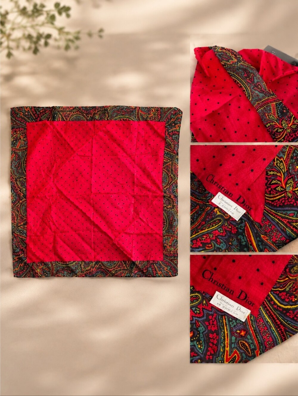 Authentic Dior Red Cotton Polka Dot Paisley Scarf With Giftbag NWOT - Picture 2 of 2